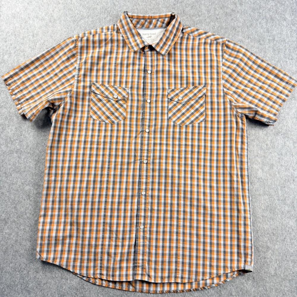 Horny Toad Shirt Mens XL Button Up Short Sleeve Yellow Gold Plaid Pearl Snap